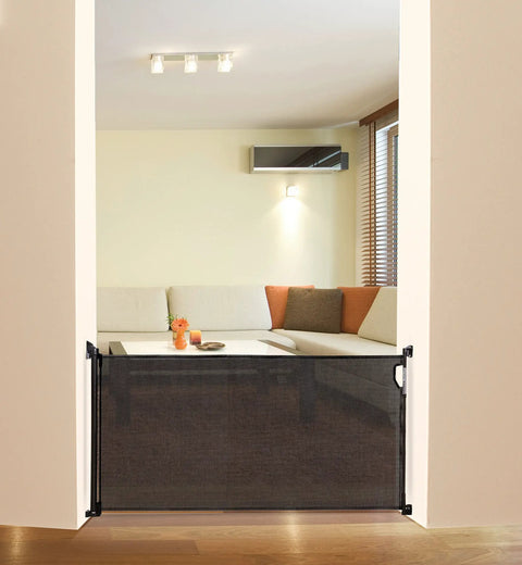 Indoor Outdoor Retractable Mesh Baby Gate With Dual Hardware For Easy Relocation Expands Up To 55 Inches Wide And Stands 33 Inches Tall Ideal For Doorways And Stairs Weather Resistant UV Treated Mesh Black