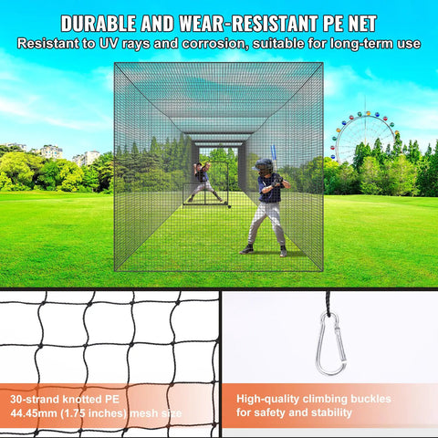 Two people practicing in 55 Foot Baseball Batting Cage Net For Baseball And Softball Training Pro Level Hitting Practice Net With Door And Carry Bag Portable Heavy Duty Enclosed PE Netting Net Only For Indoor Or Outdoor Use on a sunny day