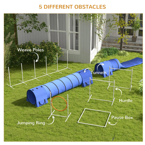 7 Piece Dog Agility Training Set For Backyard Fun with weave poles, tunnels, hurdles, jump ring, and pause box in a garden setup.