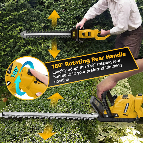 Cordless Hedge Trimmer With 20V Max Battery Compatibility, 20 Inch Cutting Length, Brushless Motor, rotatable handle demo