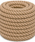 Rugged Heavy Duty Jute Rope 2 Inch By 25 Feet Workhorse All Weather Natural Fiber coiled for outdoor projects and decor.