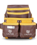 Front view of Oil Tanned Leather Nail Pouch Bag In Cherry with 5 pockets and 2 snap loops for carpenters and construction pros.