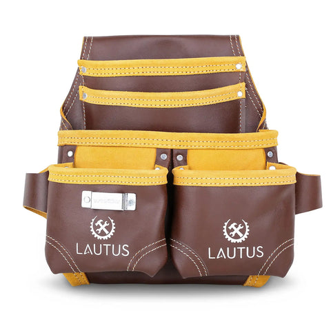 Front view of Oil Tanned Leather Nail Pouch Bag In Cherry with 5 pockets and 2 snap loops for carpenters and construction pros.