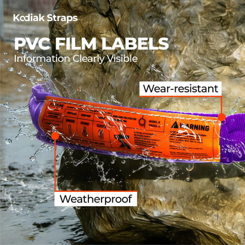 Endless Round Sling 2600 Lbs Vertical Rated 4 Ft Polyester Lifting Strap showing weatherproof PVC film labels