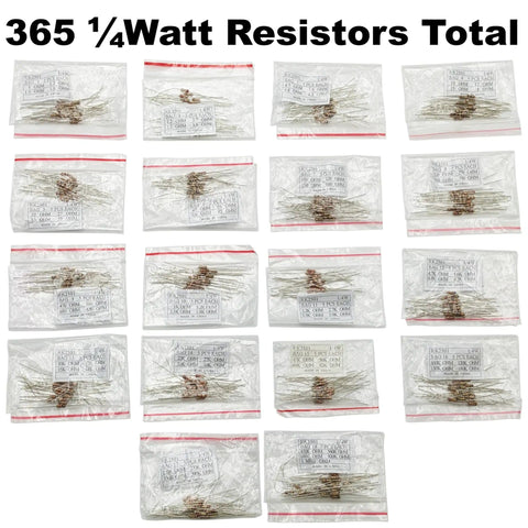 Resistor Kit 365 Piece One Quarter Watt Carbon Film With Color Guide And Reference Guide On Cardboard Storage Box 73 Values
