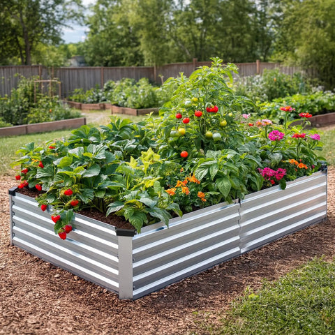 2 Pack 8 By 4 By 1 Foot Durable Galvanized Metal Raised Garden Bed Kit For Vegetables And Herbs Open Bottom Large Capacity Outdoor Planter Box With Stakes Silver, installed in a garden, full of growing vegetables and flowers.