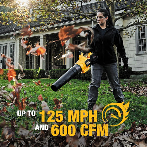 Person using FlexVolt 60V Max Cordless Leaf Blower With 125 MPH Air And 600 CFM For Quick Debris Cleanup in a yard