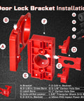 Door Lock Installation Kit For Wooden Doors With Guide Template And Carbon Steel Hole Saw Set, red components layout.