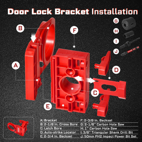 Door Lock Installation Kit For Wooden Doors With Guide Template And Carbon Steel Hole Saw Set, red components layout.