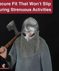 Person in chainmail and helmet holding an axe, wearing battle-ready medieval buckler shield costume accessory.