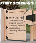 Heavy Duty 3.5 Inch Gate Hinges for Wooden Fences and Vinyl Gates with Screws Included 4 Pack installed on a wooden gate, highlighting offset screw holes.