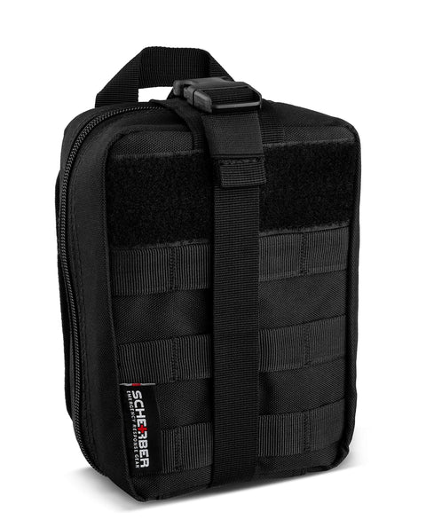 Scherber Premium IFAK MOLLE trauma pouch, black nylon with carrying handle and MOLLE webbing — front view
