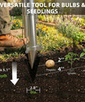 Person using Semi Automatic Long Handled Garden Planter Tool for Seedlings and Bulbs to dig holes with diameter and depth markers in garden bed.