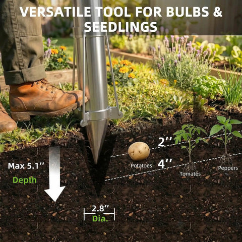 Person using Semi Automatic Long Handled Garden Planter Tool for Seedlings and Bulbs to dig holes with diameter and depth markers in garden bed.