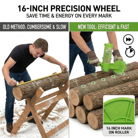 Heavy Duty 16 Inch Firewood Marking Tool Featuring Automatic Paint Roller For Shoot Straight Lines And No Sweat Log Sorting Built Tough Weatherproof Woodsman Essential in use, marking logs efficiently.