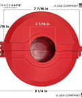 Top view of red Gate Valve Lockout Device for 5-6.5 inch handles, OSHA compliant gas lock, showing size dimensions.