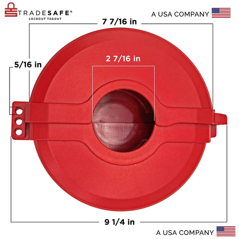 Top view of red Gate Valve Lockout Device for 5-6.5 inch handles, OSHA compliant gas lock, showing size dimensions.