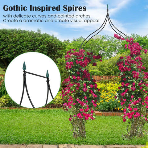 Metal Garden Arch Wedding Arbor With Gothic Spires 9.5 Ft High 4.1 Ft Wide Pergola For Climbing Roses And Vines