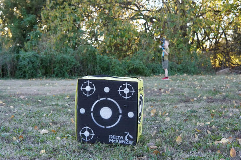 Close-up of Travel Pro Portable Layered Foam Archery Target With Welded Core in outdoor setting, 18x16x11 inches.