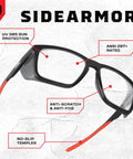 ANSI Z87.1 clear safety glasses with side shields, black frames with orange temples, anti-fog, scratch resistant, UV protection.