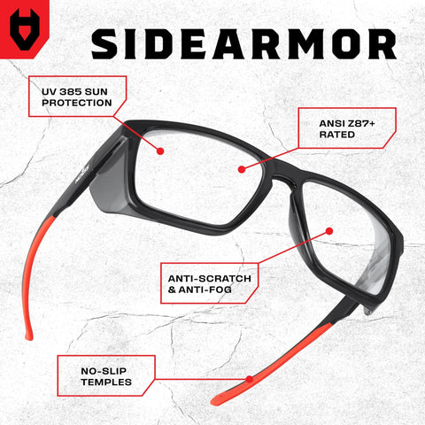 ANSI Z87.1 clear safety glasses with side shields, black frames with orange temples, anti-fog, scratch resistant, UV protection.