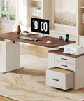 Farmhouse Electric Standing Desk 75.5 Inch With Drawers And Storage Adjustable Height Sit Stand Computer Office Desk White Walnut Color in stylish home office.