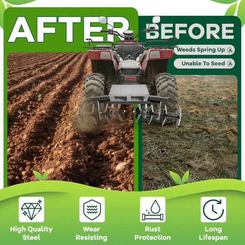 54 Inch Disc Plow Harrow For ATV UTV With 2 Inch Receiver showing before and after soil preparation results.
