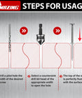 Usage steps for Pro Grade 5 Piece Countersink Drill Bit Set With One Quarter Inch Hex Shank, showing drilling and screw installation process.