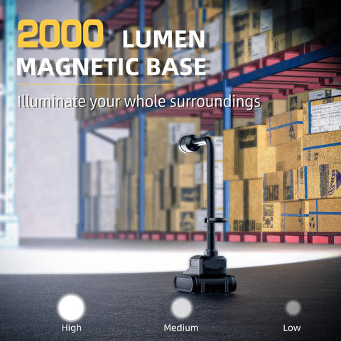 Boss Level Ultra Bright 2000 Lumen Magnetic Gooseneck Work Light, rechargeable 5000mAh, illuminating warehouse shelves