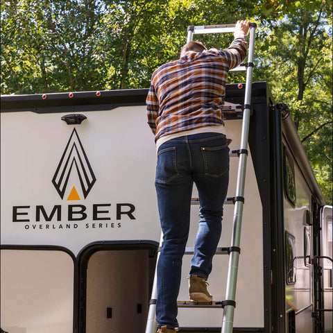 On The Go Portable Telescoping RV Ladder 14.5 Ft For Easy Roof Access, Quick Extend, And Deep Stow To 35.75 In, Heavy Duty 330 Lb Capacity, Stable And Safe Climbing For Your RV, Fits Lippert Ladder Receiver, aluminum ladder on RV