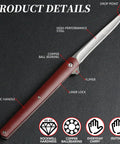 Folding Knife With 3.8 Inch Curved Clip Point Blade For Grab And Go Everyday Carry, High Carbon Stainless Steel, Ball Bearing Pivot, Slim 0.58 Inch Thick, Lightweight 1.76 Oz, Leather Sheath, Gentleman's EDC For Daily Tasks And Food Prep, red handle close-up