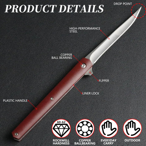 Folding Knife With 3.8 Inch Curved Clip Point Blade For Grab And Go Everyday Carry, High Carbon Stainless Steel, Ball Bearing Pivot, Slim 0.58 Inch Thick, Lightweight 1.76 Oz, Leather Sheath, Gentleman's EDC For Daily Tasks And Food Prep, red handle close-up