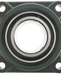 Front view of UCF Series Built Tough Light Duty Flange Ball Bearing Unit with 4 bolt holes and setscrew lock, cast iron housing.