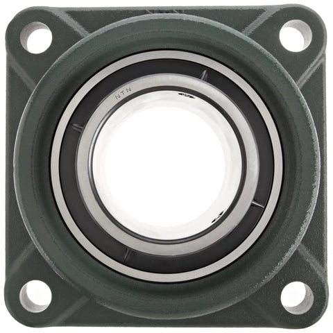 Front view of UCF Series Built Tough Light Duty Flange Ball Bearing Unit with 4 bolt holes and setscrew lock, cast iron housing.