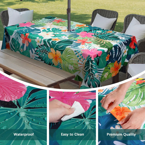 Rectangle Outdoor Tablecloth With Umbrella Hole And Palm Leaf Pattern 60 By 84 Inch Waterproof Polyester Patio Table Cover
