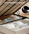 Queen Lift Up Storage Bed Frame With Adjustable Headboard Featuring Premium Chenille Upholstery And Smooth Curved Edges For A Chill Sleep Vibe And Solid Setup In Beige, lift top revealing organized storage.