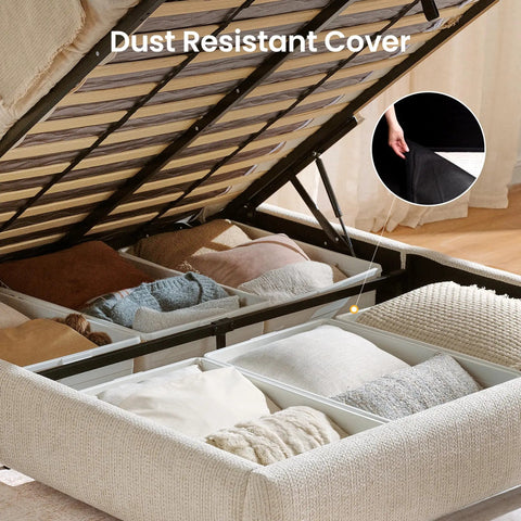 Queen Lift Up Storage Bed Frame With Adjustable Headboard Featuring Premium Chenille Upholstery And Smooth Curved Edges For A Chill Sleep Vibe And Solid Setup In Beige, lift top revealing organized storage.