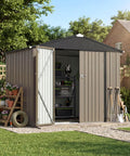 8x6 Ft Outdoor Storage Shed With Floor Frame, Sloped Roof Metal Tool Shed With Lockable Door, Waterproof Backyard Garden Storage, Brown