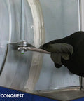 Stainless steel 5/8-in fully threaded rod, 36 in, RH threads, being tightened with a wrench on a metal duct bracket.