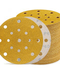 17 Hole Dust Extraction Sandpaper Discs 6-Inch 60 Grit Hook And Loop for heavy-duty woodworking, featuring a stack of sanding discs.