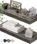 Floating Wall Shelves Set Of 2 For Bathroom Over Toilet, 15.7 Inch Wide By 6.7 Inch Deep, Dope Farmhouse Gray MDF Shelves With Steel Brackets, Holds Up To 25 Lbs, Great For Toiletries Towels Books And Decor with toiletries and decor displayed.