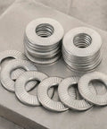 40 Pcs Belleville Washers M6 Stainless Steel Conical Spring Washers With Knurled Serrated Anti Slip Design For Heavy Duty Automotive And Industrial Use stacked on metal surface