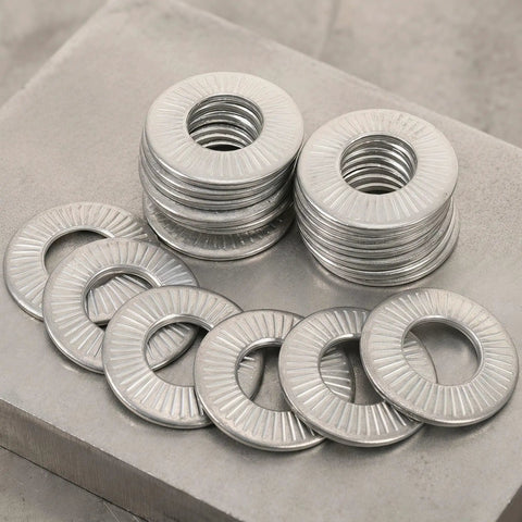 40 Pcs Belleville Washers M6 Stainless Steel Conical Spring Washers With Knurled Serrated Anti Slip Design For Heavy Duty Automotive And Industrial Use stacked on metal surface