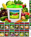 Ultimate Survival Garden Seed Kit With Twenty Thousand Non GMO Heirloom Seeds In Thirty Varieties Five Year Supply Weatherproof Bucket And Free Online Planting Guide For Easy Home Garden Setup, packets and vegetables displayed