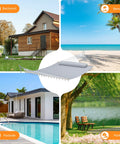 Collage of a double hammock with spreader bar and soft pillow, shown in backyard, beach, poolside, and park settings.