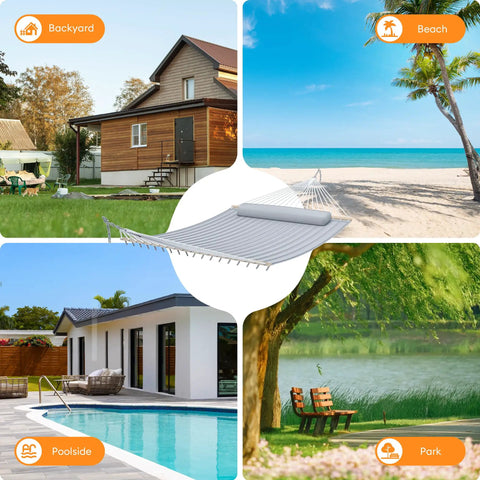 Collage of a double hammock with spreader bar and soft pillow, shown in backyard, beach, poolside, and park settings.