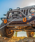 Beefed Up 13500 Lb Wireless Recovery Winch With 3/8 Inch 85 Ft Synthetic Rope For Jeep SUV Truck And Trailer IP68 Waterproof 12V Electric Winch Panther Series 3S With Two Remotes mounted on Jeep bumper