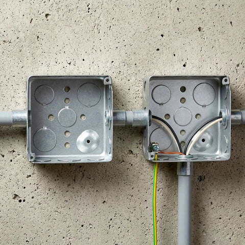 12 Pack 4 Inch Square Electrical Boxes Kit for Plug and Play Wiring Projects, 1-1/2 Inch Deep, Silver Galvanized Steel, 21 Cu In Capacity, Grounding Wire Ready, Includes 36 Screws for Quick No Fuss Organized Junctions installed with conduit and wiring