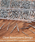 500 Piece Aluminum Blind Rivet Kit With 14 Size Assortment Pop Rivets displayed in a clear plastic box on a wooden surface
