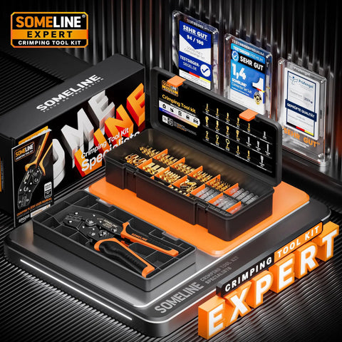 Open Terminal Connector Crimping Tool Kit With 14 Terminal Sizes Ratcheting Crimper For 24 14 AWG Non Insulated Open Barrel Terminals And Wire Splices Pro Grade Adjustable Lock Easy Release OEM Style Crimping Pliers displayed in a storage box with multiple terminals